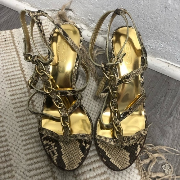 Coach Liberty Gold Python Embossed Chain Sandals Heels Shoes 6 - Picture 1 of 8
